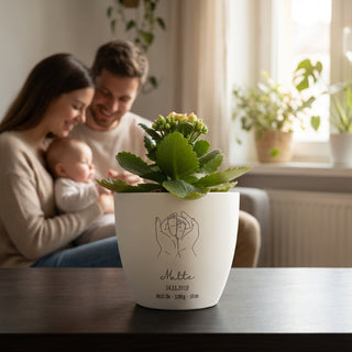Geschenk zur Geburt Baby -  Blumentopf graviert mit Geburtsdaten