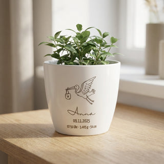 Personalisierter Hochglanz-Blumentopf – Babygeschenk mit Name & Geburtsdaten