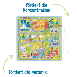 Goki Magnetlabyrinth "Kleine Stadt": Bunte Stadtlandschaft mit Straßen, Gebäuden & Fahrzeugen. Kinder führen Kugeln mit Ma...