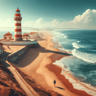 Rot-weißer Leuchtturm an malerischem Sandstrand mit Wellen. Traumreise Kinder - Ein Tag am Meer. Naturmacher.