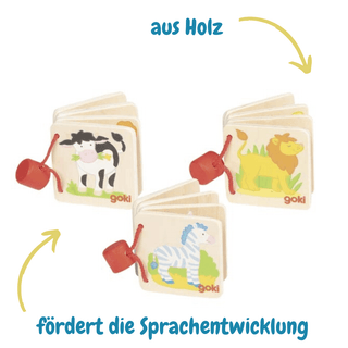 Drei kleine Holzbilderbücher von goki mit Kuh, Löwe und Zebra, ideal für erste Leseabenteuer. Fördert die Sprachentwicklung.