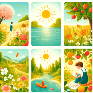 Idyllische Sommerszenen: Kind in Blumenwiese, sonniger See, Obstgarten, Schmetterling, Flussfahrt. Naturmacher Traumreise ...