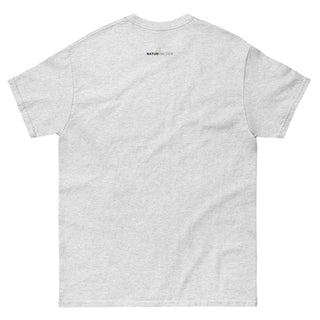 Graues Unisex-T-Shirt mit Bensheim Skyline von Naturmacher, Rückansicht.