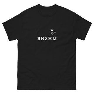 Schwarzes Unisex-T-Shirt mit "BNSHM" und Weinglas-Design, Hommage an Bensheim, von Naturmacher.