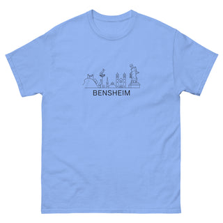 Blaues Unisex-T-Shirt mit Bensheim Skyline-Design von Naturmacher.