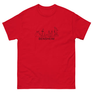 Rotes T-Shirt mit Bensheim Skyline-Design von Naturmacher, Unisex, stilvoll und bequem.