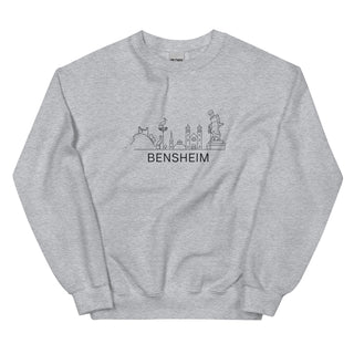 Graues Sweatshirt mit Bensheim Skyline-Druck, ideal für Heimatverbundene.