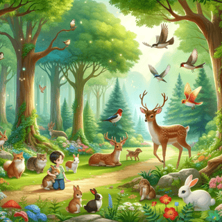 Kind im Wald mit freundlichen Hirschen, Hasen, Fuchs, Vögeln und Blumen. Traumreise Kinder - Im Wald der Tiere von Naturma...