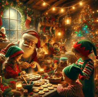 Weihnachtsmann und Elfen backen Weihnachtsplätzchen in magischer Weihnachtswerkstatt. Naturmacher Traumreise Kinder.