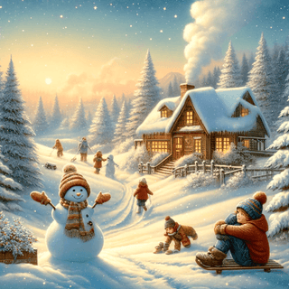 Idyllische Winterlandschaft mit Kindern beim Schneemannbauen, Rodeln und Spielen vor verschneiter Hütte. Traumreise Kinder...