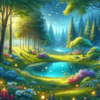 Idyllischer Zauberwald mit Teich, Glühwürmchen und Blumen. Traumreise für Kinder von Naturmacher.