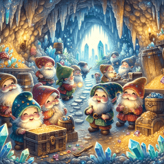 Fröhliche Zwerge entdecken Kristalle und Gold in einer funkelnden Höhle. Traumreise Kinder - Im Reich der Zwerge