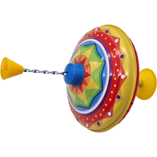 Bunter Brummkreisel von Goki mit Kurbel und buntem, geometrischem Muster.