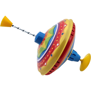 Bunter Brummkreisel von goki mit Metallkörper und gedrehtem Metallgriff. Rot, gelb, blau und grün.