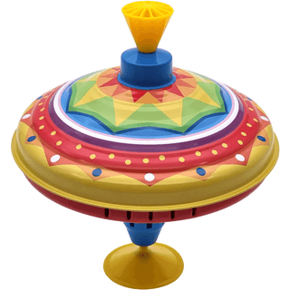 Bunter Brummkreisel von Goki mit gelb-blauem Griff und buntem, gemustertem Korpus in Rot, Gelb, Grün, Blau und Weiß. Klass...