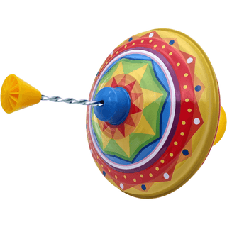 Bunter Brummkreisel von Goki mit gelbem Griff, Metallspirale und buntem Kreiselkörper in Gelb, Rot, Blau und Grün.