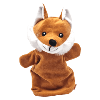 GoKi Wilde Fuchs Handpuppe aus braunem Plüsch mit weißem Gesicht und lächelndem Maul. Ideal zum Spielen und Kuscheln.