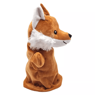 Plüschige Fuchs-Handpuppe von goki, orangebraun mit weißem Brustfell, seitliche Ansicht.