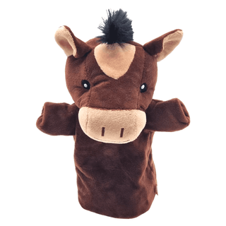 Goki braune Wildpferd-Handpuppe aus Plüsch mit beiger Schnauze und schwarzer Mähne.