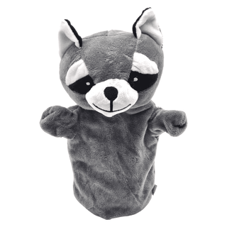 Graue Waschbär-Handpuppe von goki. Weiches Plüschtier für Kinder zum Spielen und Kuscheln.