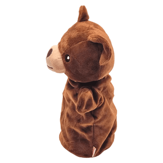 Braune Goki Bär Handpuppe, Seitenansicht. Kuschelig weich, ideal zum Spielen.