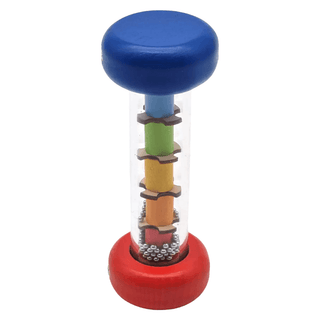 Goki Regenstab-Babyspielzeug mit durchsichtigem Rohr, bunten Holzelementen und silbernen Kügelchen. Blaue und rote Holzdec...