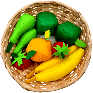 Filz Obstkorb von goki mit Bananen, Erdbeere, Orange, Äpfeln und Birnen. Spielobst für Kinderkaufladen.
