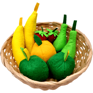 Filz-Obstkorb von goki mit Bananen, Birnen, Äpfeln, Erdbeeren und Orangen. Spielobst für Kinderkaufladen.