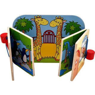 Goki Holzbilderbuch "Besuch im Zoo". Offenes Buch mit bunten Zootier-Illustrationen (Giraffen, Pinguine, Elefant, Pferd) a...