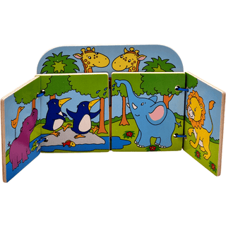 Goki Holzbilderbuch "Besuch im Zoo" aufgeklappt.  Illustrierte Seiten zeigen Giraffen, Pinguine, Elefanten, Löwen und Nilp...