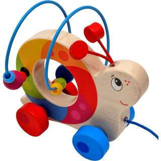 Buntes Holz-Ziehtier Schnecke mit Motorikschleife und Rädern von goki. Fördert das Laufenlernen.