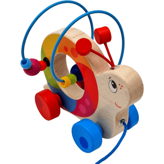 Buntes Holz-Ziehtier Schnecke von goki mit Motorikschleife und bunten Perlen. Fördert Motorik und Lauflernfähigkeiten.