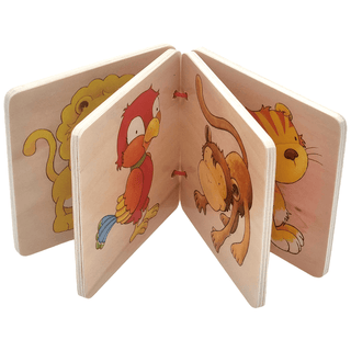 Goki Holzbilderbuch mit bunten Tiermotiven (Löwe, Papagei, Affe, Katze) für Kinder. Seiten sind mit roter Kordel verbunden.