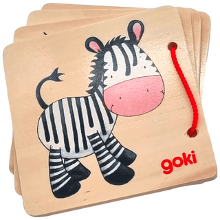 Goki Holzbilderbuch mit Zebra-Motiv. Mehrere Seiten mit roter Kordel gebunden. Für Kinder geeignet.