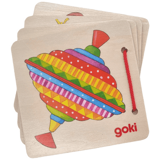 Goki Holzbilderbuch mit buntem Kreiselmotiv. Mehrere Seiten mit roter Kordel gebunden. Für Kleinkinder.