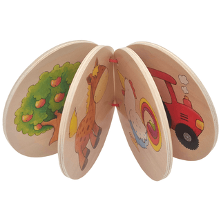 Goki Holzbilderbuch, rund, mit bunten Bauernhofmotiven wie Pferd, Huhn und Traktor, durch rote Schnürung verbunden.