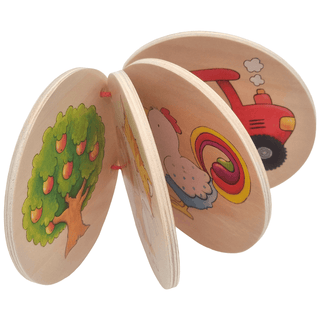Rundes Holzbilderbuch von goki mit bunten Bauernhofmotiven wie Traktor, Huhn und Obstbaum. Für Kleinkinder.
