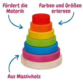 Bunter Stapelturm aus Massivholz von Goki, fördert Motorik, Farben und Größen lernen.