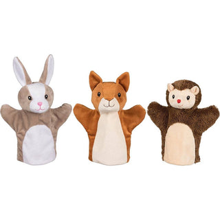 Drei goki Tier-Handpuppen: Hase, Fuchs und Igel. Weiche Plüschtiere für fantasievolles Spielen.