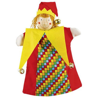Goki Kasper Handpuppe mit roter Mütze, gelbem Kragen und buntem Kleid, ideal für Kaspertheater.