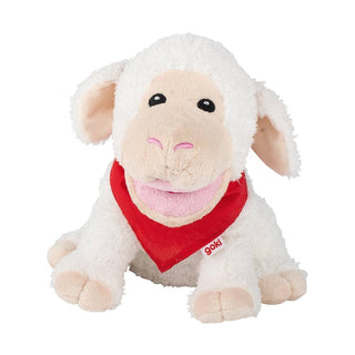 Flauschige weiße Schaf-Handpuppe von goki mit rotem Halstuch. Ideal zum Kuscheln und Geschichten erzählen.