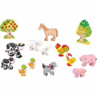 14-teiliges goki Holz-Bauernhoftier-Set mit Kuh, Schwein, Schaf, Hund, Ente, Pferd, Hahn, Henne und Bäumen. Ideal für fant...