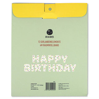 Ava & Yves "Happy Birthday" Girlande Verpackung. Bunte Konfetti-Buchstaben auf hellgrünem Hintergrund. 13 Elemente, 4m Bau...