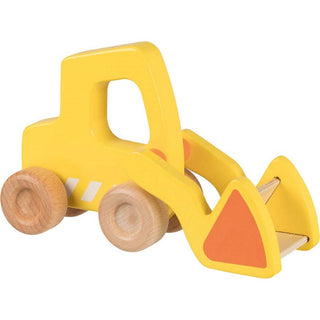 Gelber goki Holz-Radlader mit orangefarbener Schaufel und Naturholzrädern. Spielzeug für Kinder.