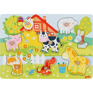 Goki Steckpuzzle mit bunten Bauernhoftieren wie Kuh, Schwein, Pferd, Hund, Katze, Hase, Schaf und Hahn. Fördert Hand-Augen...
