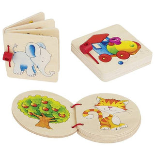 GoKi Naturholz-Bilderbücher: Elefant, Zug, Katze & Baum. Runde & eckige Varianten mit bunten Bildern. Für Kleinkinder.