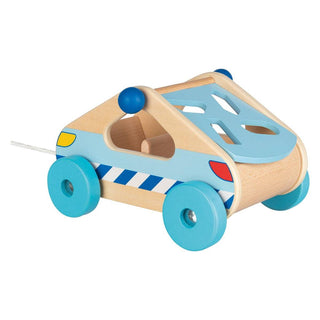 Holzauto Sortierbox von Goki, blau, mit Formen zum Einstecken, Spielzeug zum Ziehen.