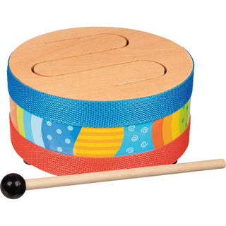 Bunte Schlitztrommel von Goki aus Holz mit Schlägel, farbenfroh gestaltet für Kinder.