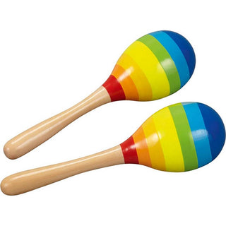 Zwei Goki Rhythmus-Maracas mit Regenbogenmuster und Holzgriffen.