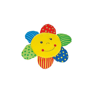 Fröhliche Hör- und Fühlsonne von Goki. Buntes Stoffspielzeug in Sonnenblumenform mit lächelndem Gesicht, ideal für Babys.